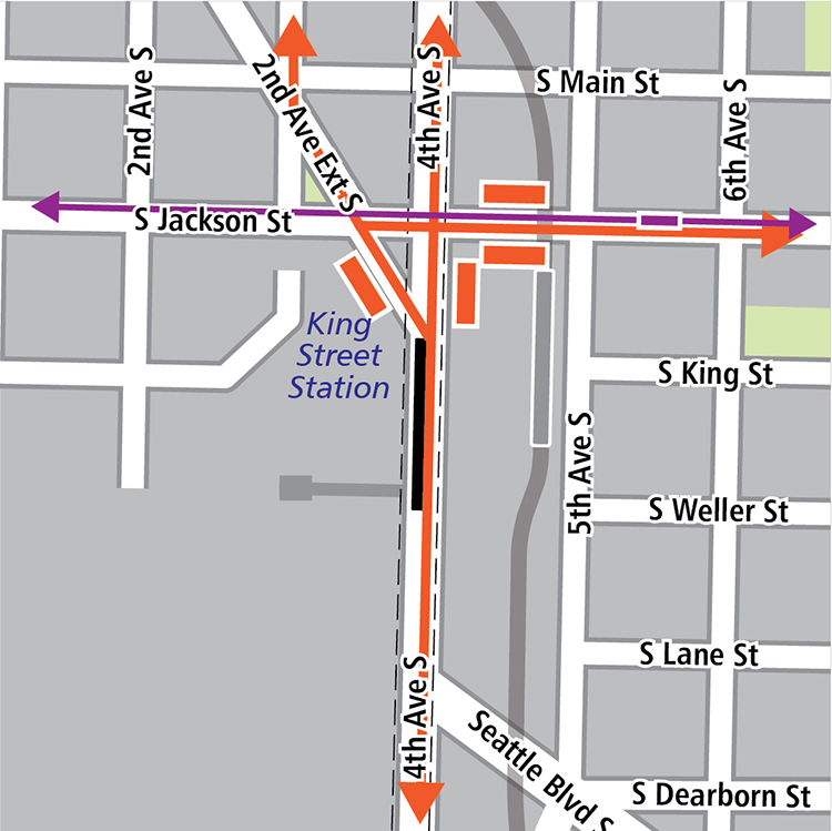 Map with boundaries of South Main Street to the north, South Dearborn Street to the south, Sixth Avenue South to the east, and Second Avenue South to the west. Tunnel station location is on Fourth Avenue South, between South Jackson Street and Seattle Boulevard South. Streetcar station is located on South Jackson Street and Fifth Avenue South, with the route running on South Jackson Street, and a stop between Fifth Avenue South and Sixth Avenue South. Existing bus routes are on Fourth Avenue South, South Jackson Street starting east of Second Avenue Extension South. Bus stops are at the north and south ends of the station, as well as the east side of the intersection of South Jackson Street and Fourth Avenue South.